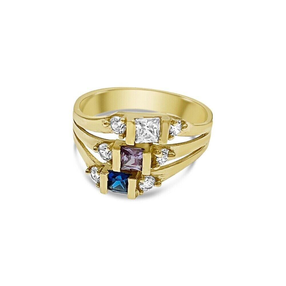 14K Yellow Gold Mothers Ring Multicolor CZ Birthstone Three Stone